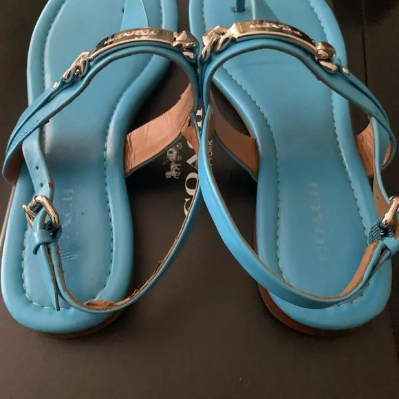Coach Turquoise Leather T-Strap Sandals with Silver Plaque Accent - Picture 2 of 3